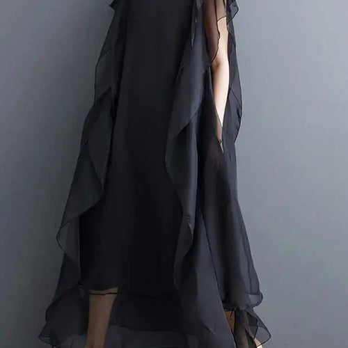 Load image into Gallery viewer, Women Black Ruffles Spliced Big Size Long Dress New Round Neck Short Sleeve Fashion Tide Spring Summer 2025 1DJ0327
