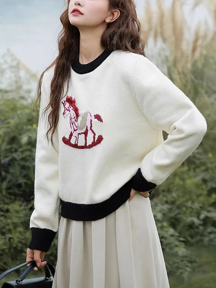 Fall Winter Thick Warm Sweater Women Contrast Color Cartoon Knitted Pullover Vintage Fashion Knitwears C-285