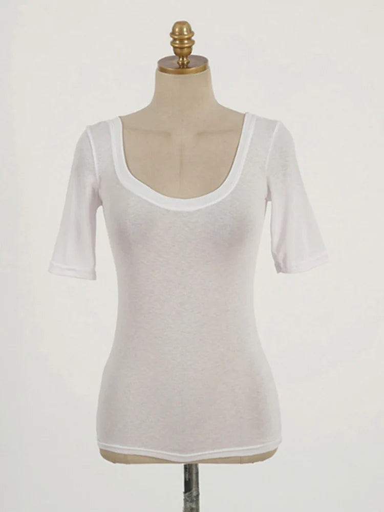 New 2024 Summer Sexy Slim Cotton Bottoming T Shirt Women O-Neck Casual Tshirts Korean Style Tee Shirt Female Strecth Black Tops