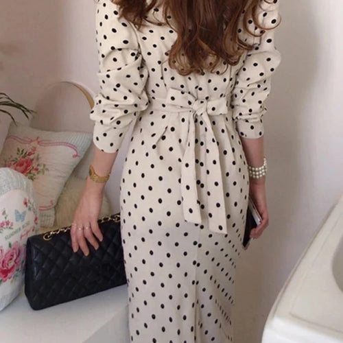 Load image into Gallery viewer, French Style Spring Autumn Women Casual Polka Dot Print A-Line Party Corduroy Dresses Elegant Lace-Up Slim Fashion
