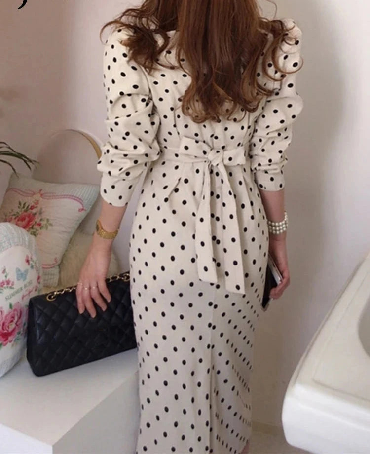 French Style Spring Autumn Women Casual Polka Dot Print A-Line Party Corduroy Dresses Elegant Lace-Up Slim Fashion