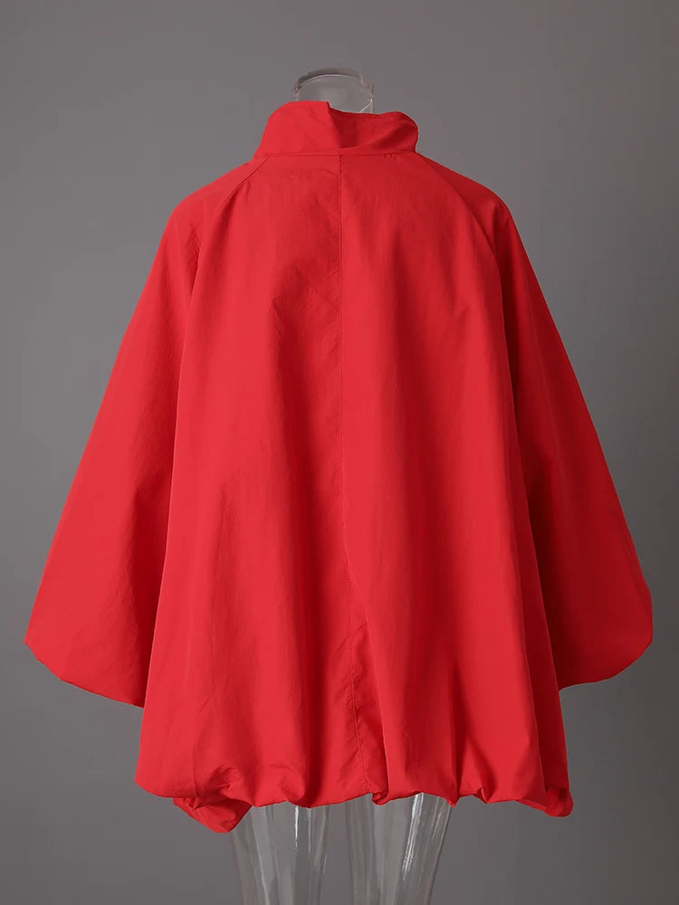 Red Shaped Big Size Casual Jacket New Stand Collar Long Lantern Sleeve Women Coat Fashion Tide Spring Autumn 2025  1DJ0578