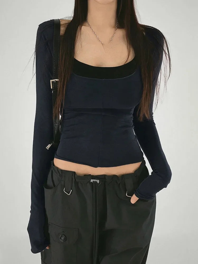 2025 Autumn New Slim Two Pieces Set Women Grunge Solid Streetwear Tops + Sleeveless All Match Black Vest Y2k Aesthetic Fashion