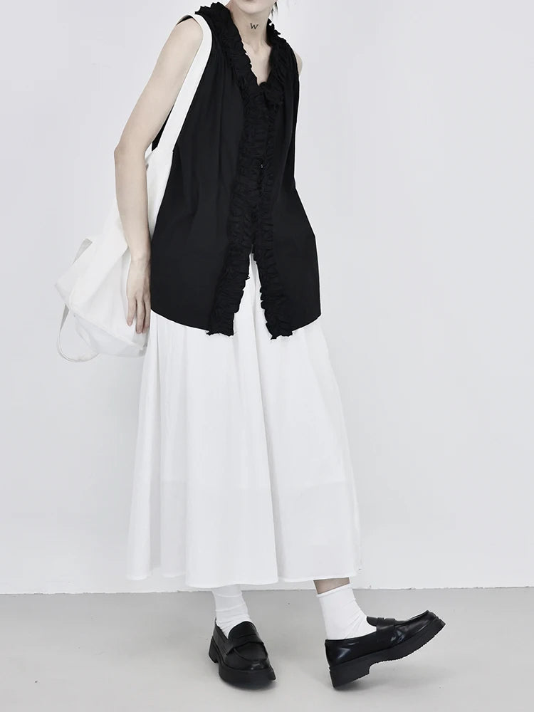 High Waist Black White Pleated Button Elegant  A-line Half-body Skirt Women Fashion Tide New Spring Autumn 2025 1DJ0825