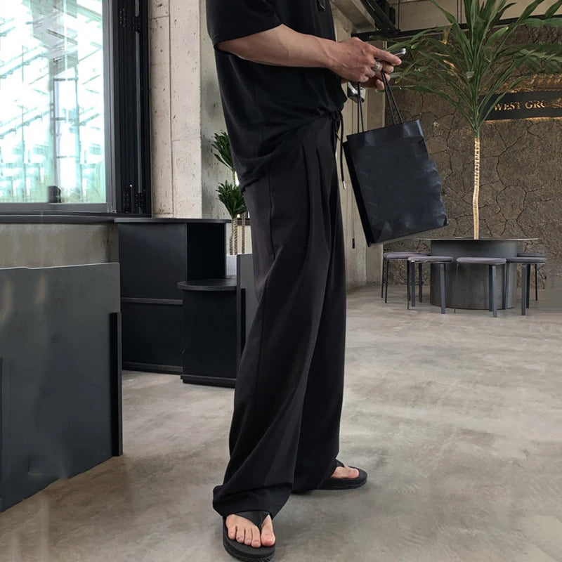 Men's Korean Style Casual Pants Loose Drawstring Design Straight Wide Leg Elastic Waist Male Clothing New Summer 9W1851