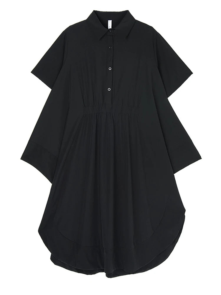 Women Black Side Slit Irregular Big Size Midi Shirt Dress New Lapel Short Sleeve Fashion Tide Spring Summer 2025 1DJ1121