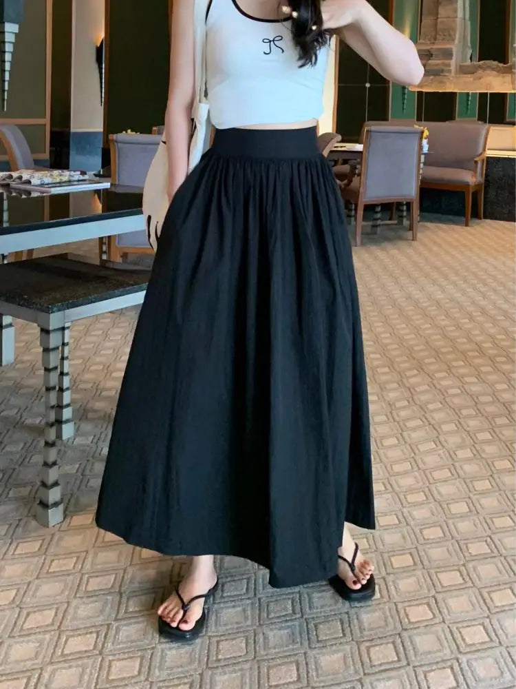 Spring Summer Women Solid Holiday Pleated Half Long Skirts Vintage Elastic High Waist Chic A-line Skirt Simplicity Casual Street