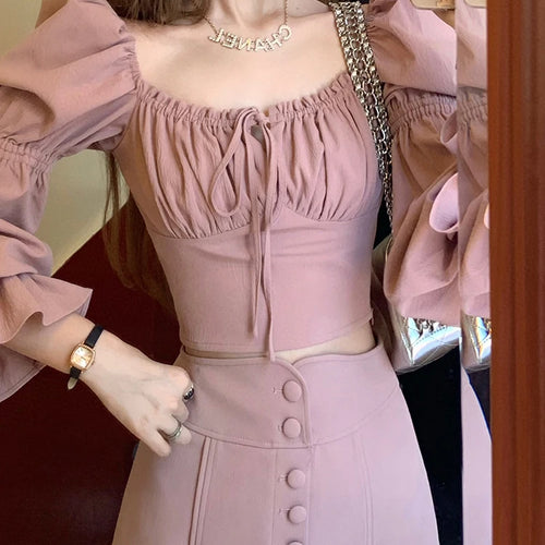 Load image into Gallery viewer, Pink Slim Two Piece Sweet Women&#39;s Blouse Autumn High Street Puff Sleeve Lace-up Pure Color Buttons Fashion Female Blouses
