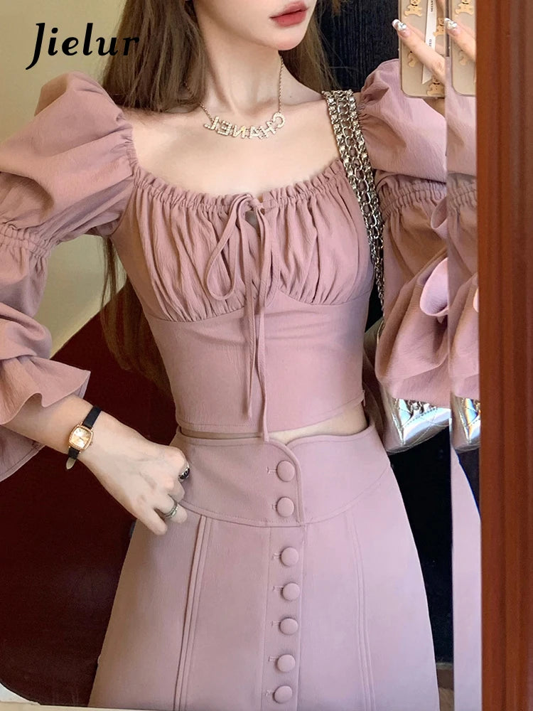 Pink Slim Two Piece Sweet Women's Blouse Autumn High Street Puff Sleeve Lace-up Pure Color Buttons Fashion Female Blouses