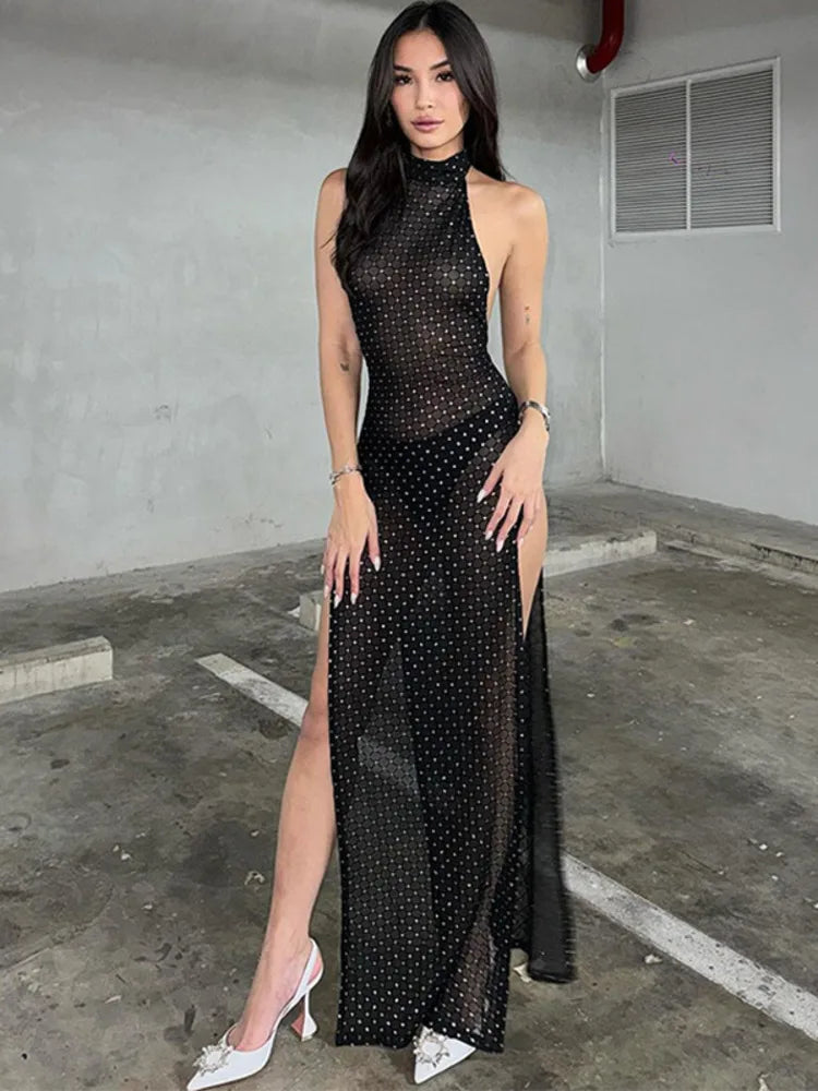 Sexy Backless Slit Perspective Dress For Women Hanging Neck Bodycon Elegant Evening Dress Female Slim Party NightClubwear