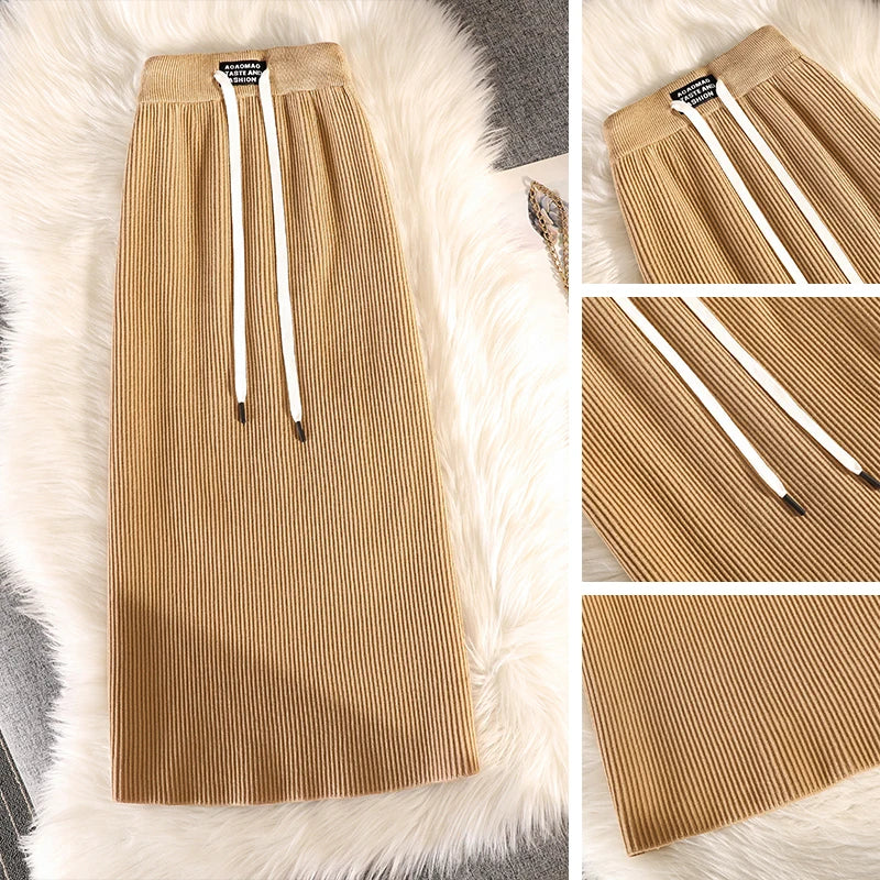 Casual Knit Midi Pencil Skirt Women 2022 Fashion Elastic High Waist Office Lady A-line Skirts Streetwear Autumn Winter