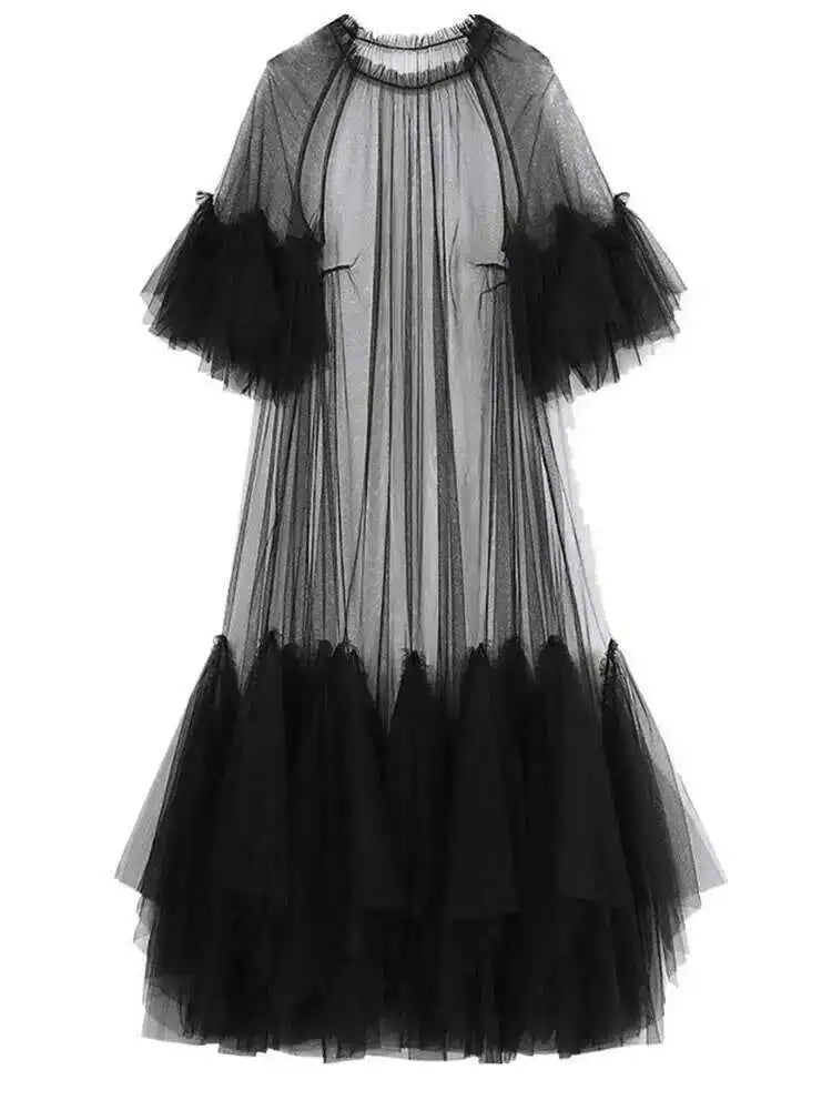 Women Black Ruffles Long Big Size Dress New Round Neck Three-quarter Sleeve Loose Fit Fashion Spring Summer 2025 JR77101