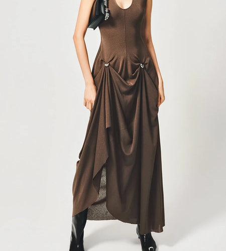 Solid Spliced Folds Slimming Dresses For Women O Neck Sleeveless High Waist Temperament Dress Female Fashion Style