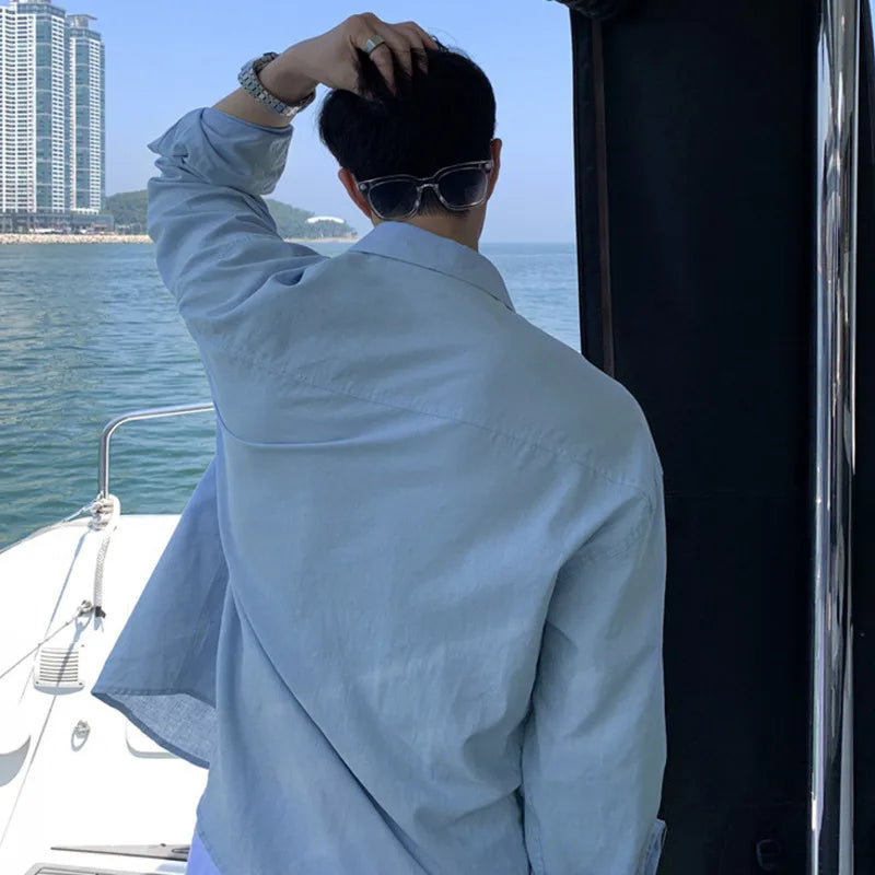 Men's Shirts Long Sleeve New Korean Style Solid Color Stylish Turn-down Collar Causal Trendy Male Loose Clothing 9W1981