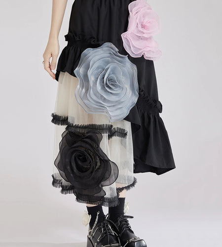 High Elastic Waist Black 3d Flower Irregular Mesh Half-body Skirt Women Fashion Tide New Spring Autumn 2025  1DJ1430