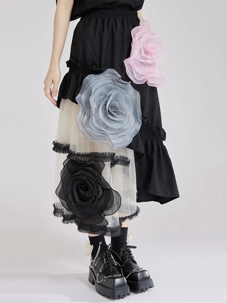 High Elastic Waist Black 3d Flower Irregular Mesh Half-body Skirt Women Fashion Tide New Spring Autumn 2025  1DJ1430