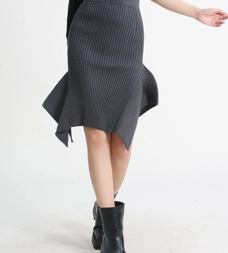 Knitting Ruffle Trim Midi Skirt For Women High Waist Solid Minimalsit Asymmetrical Casual Long Skirts Female