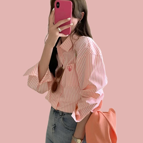 Load image into Gallery viewer, Pink Striped Embroidery Women Shirt Spring New Drop Sleeves Single Breasted Fashion Female Shirts Chic Casual Office Lady
