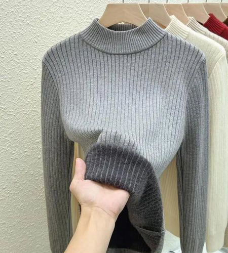 Autumn Winter Korean Fashion Solid Half High Neck Velvet Knitted Sweater Women Warm Long Sleeve Pullovers Top Versatile Clothing