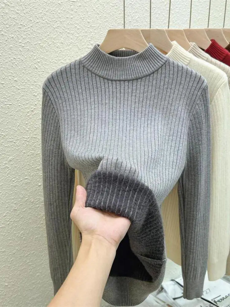 Autumn Winter Korean Fashion Solid Half High Neck Velvet Knitted Sweater Women Warm Long Sleeve Pullovers Top Versatile Clothing