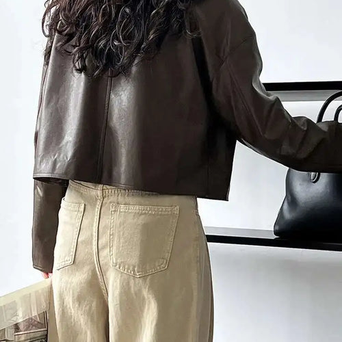 Load image into Gallery viewer, PU Leather Brown Big Size Casual Short Jacket New Lapel Long Sleeve Women Coat Fashion Tide Spring Autumn 2025 1DH6650
