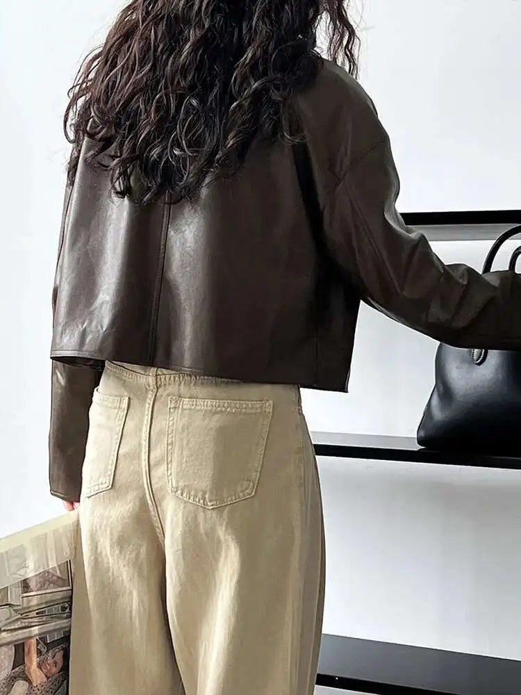 PU Leather Brown Big Size Casual Short Jacket New Lapel Long Sleeve Women Coat Fashion Tide Spring Autumn 2025 1DH6650