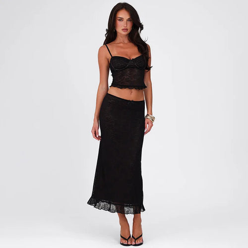 Load image into Gallery viewer, Lace Sexy Two Piece Sets Women Spaghetti Strap Sleeveless Crop Tops And Long Skirt Matching Sets Elegant Club Sets
