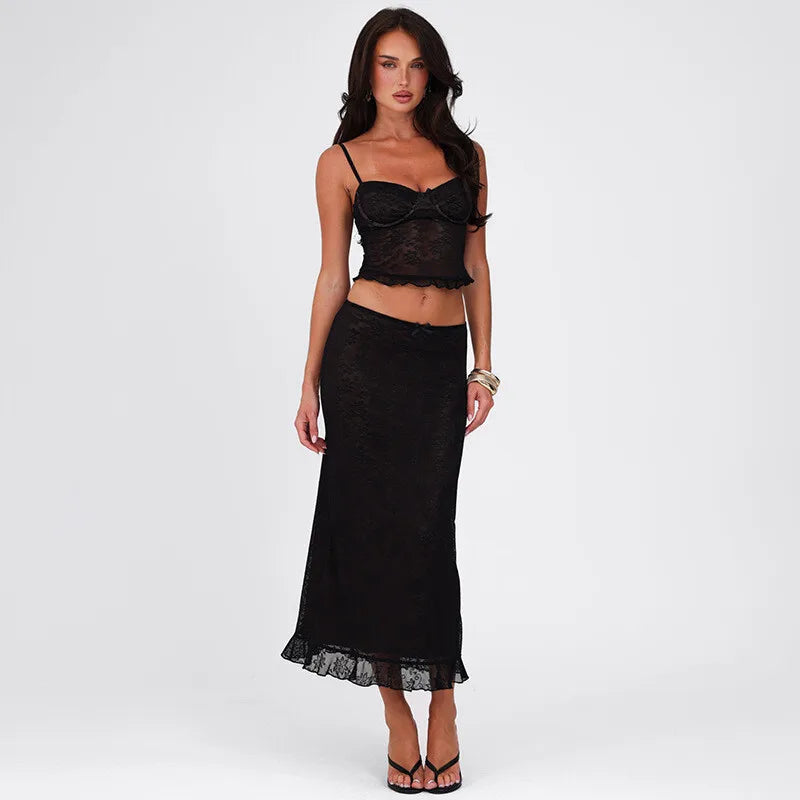 Lace Sexy Two Piece Sets Women Spaghetti Strap Sleeveless Crop Tops And Long Skirt Matching Sets Elegant Club Sets