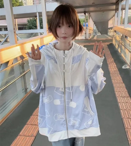 Streetwear Vintage Contrast Coats Women Loose Y2k Aesthetic Cartoon Print Jackets Casual Oversized Harajuku Kawaii Hoodies Top