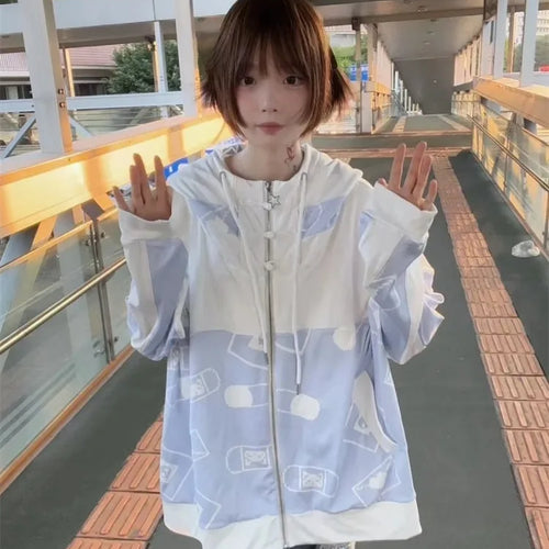 Load image into Gallery viewer, Streetwear Vintage Contrast Coats Women Loose Y2k Aesthetic Cartoon Print Jackets Casual Oversized Harajuku Kawaii Hoodies Top
