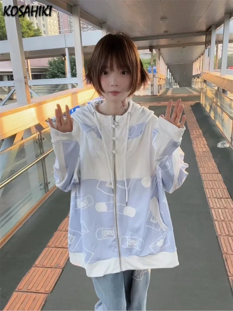 Streetwear Vintage Contrast Coats Women Loose Y2k Aesthetic Cartoon Print Jackets Casual Oversized Harajuku Kawaii Hoodies Top