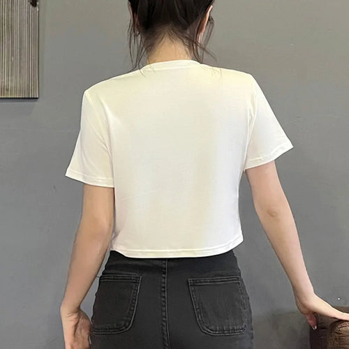 Load image into Gallery viewer, Women Summer Slogan Bow Detail-Knot Print Round Neck Short Sleeve Casual T-Shirt
