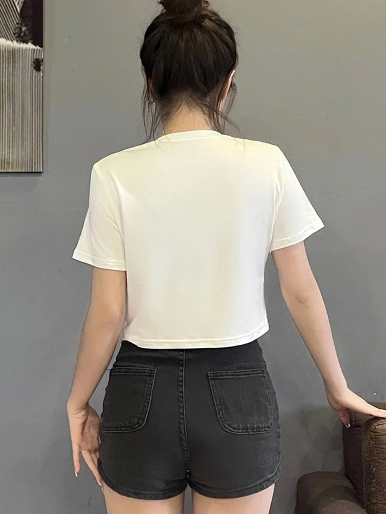 Women Summer Slogan Bow Detail-Knot Print Round Neck Short Sleeve Casual T-Shirt