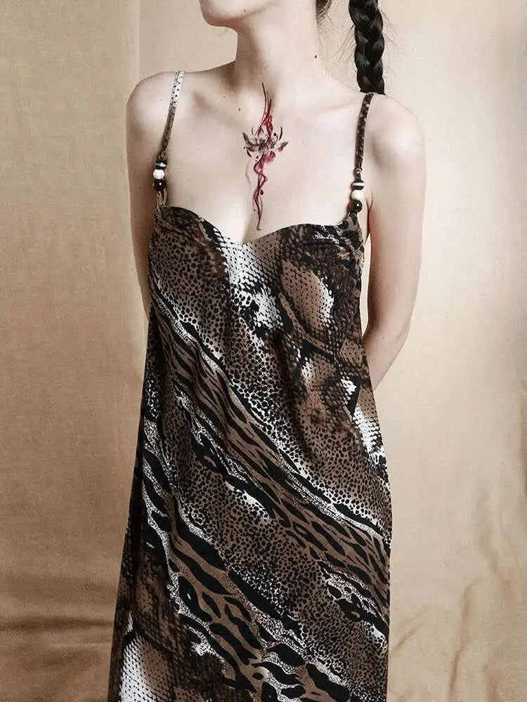 Women Coffee Leopard Printed Long Spaghetti Strap Dress New Square Collar Sleeveless Fashion Spring Autumn 2025 1DH8446