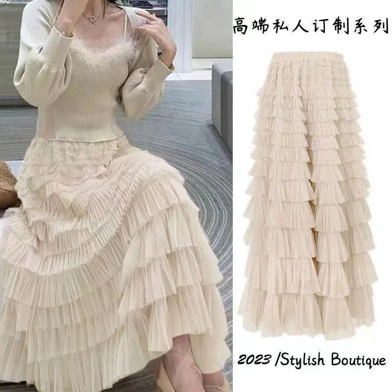 Solid Mesh Cake Skirts Women Elegant Cascading Ruffles A Line Long Skirt Female Casual Elastic Waist Party Princess Skirt French