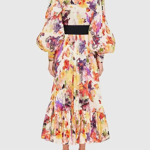 Load image into Gallery viewer, Lantern Sleeve Printed Formal Dresses Women Long Sleeve Casual Midi Dresses with Belt Fashion Elegant Vestidos 2023 Spring
