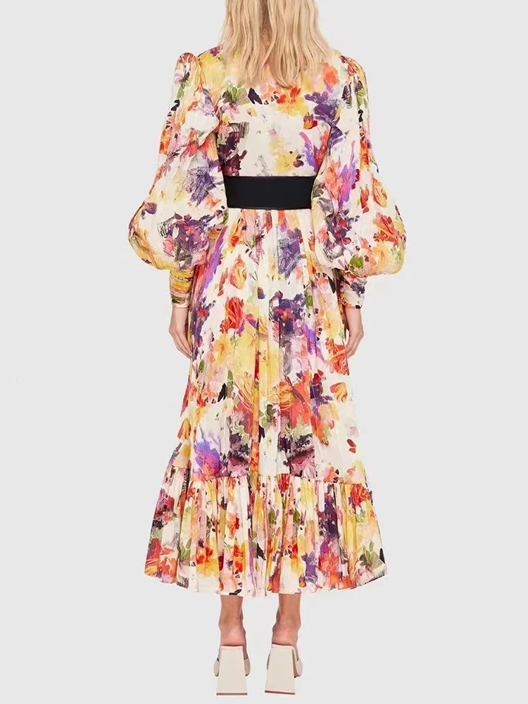 Lantern Sleeve Printed Formal Dresses Women Long Sleeve Casual Midi Dresses with Belt Fashion Elegant Vestidos 2023 Spring