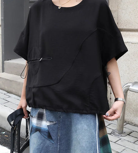 Women Black  Drawstring Big Size Casual T-shirt New Round Neck Short Sleeve Fashion Tide Spring Summer 2025 1DJ0427