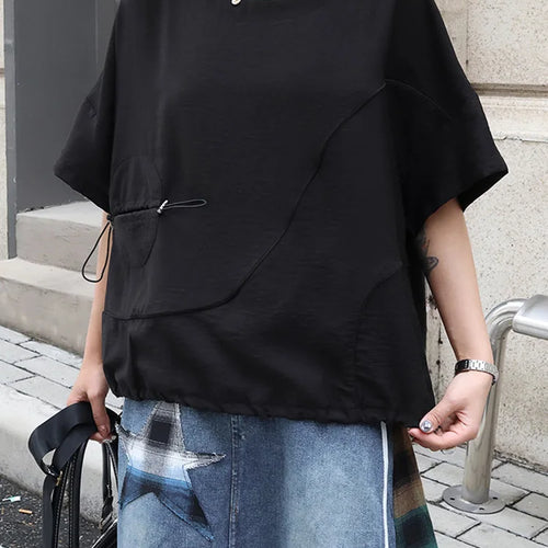 Load image into Gallery viewer, Women Black  Drawstring Big Size Casual T-shirt New Round Neck Short Sleeve Fashion Tide Spring Summer 2025 1DJ0427
