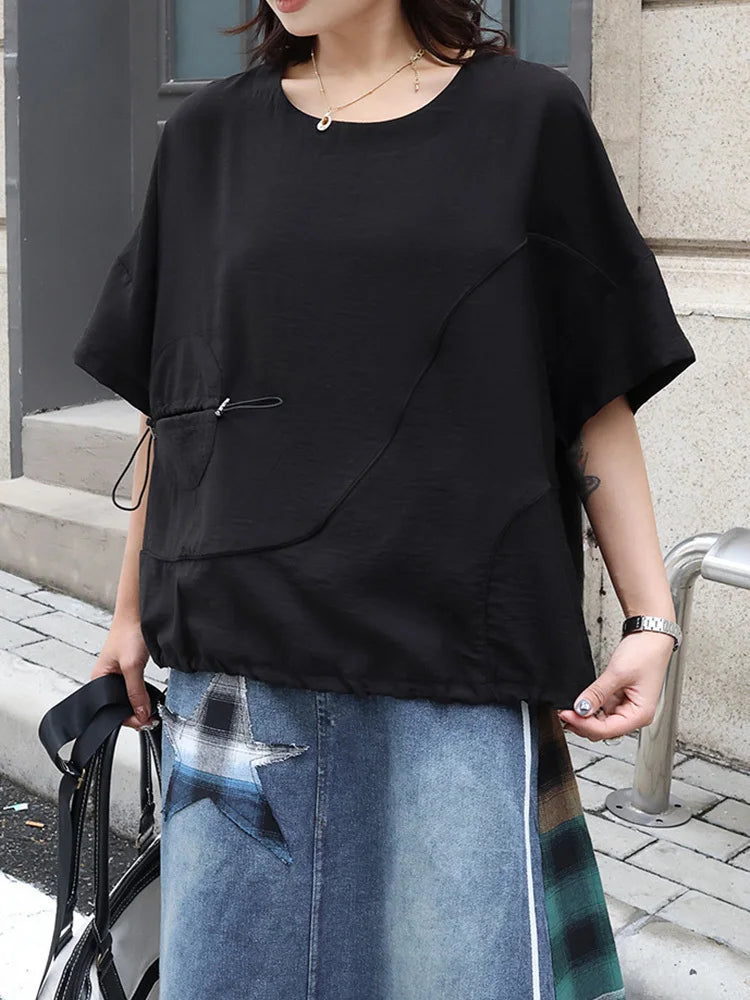 Women Black  Drawstring Big Size Casual T-shirt New Round Neck Short Sleeve Fashion Tide Spring Summer 2025 1DJ0427