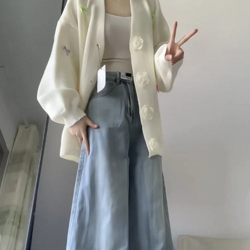 Load image into Gallery viewer, 3D Flower Y2k Aesthetic Knitted Grunge Cardigan 2025 Autumn Oversize Loose Contrast Women Sweater Bow Harajuku Cardigans Femme
