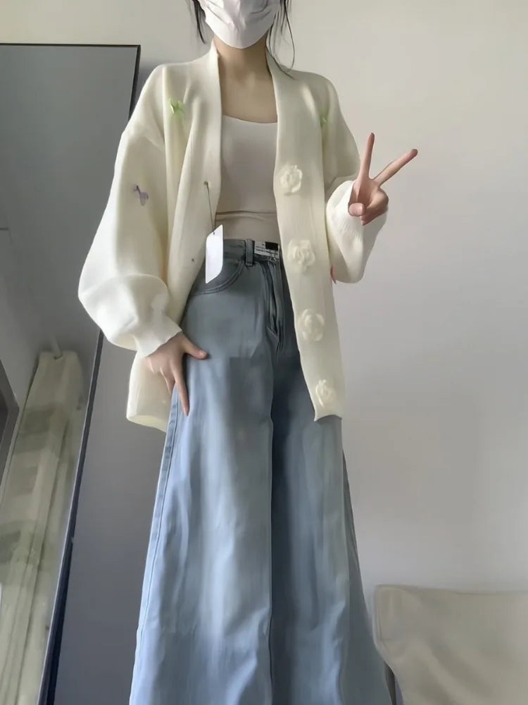 3D Flower Y2k Aesthetic Knitted Grunge Cardigan 2025 Autumn Oversize Loose Contrast Women Sweater Bow Harajuku Cardigans Femme