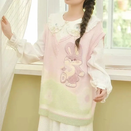 Load image into Gallery viewer, Sweet Cartoon Embroidery Sleeveless Knitted Sweater Vest Women Y2k Contrast Color Waistcoat Spring Grunge Harajuku Vests Tops
