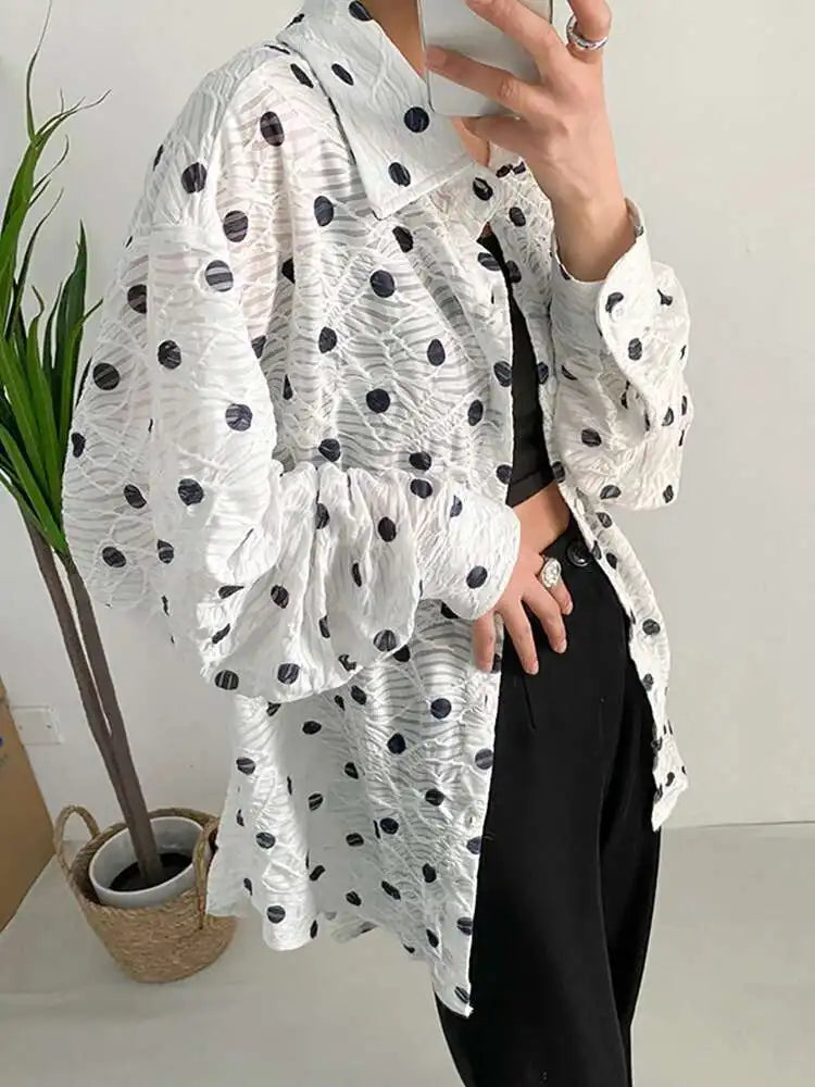 Women White Dot Big Size Elegant Blouse New Lapel Long Sleeve Loose Fit Shirt Fashion Tide Spring Autumn 2025 1DF7781