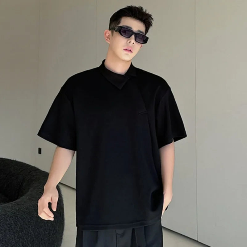 Men's T-shirt Skew Collar Solid Color Male Top Summer Fashion Niche Design Men Clothing Casual Trend Loose 9C5953