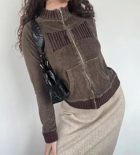 Y2K Vintage Velour Zip Up Jacket Autumn Winter Turtleneck Harajuku Female Coat Sweatshirt Aesthetic Outwear Jackets
