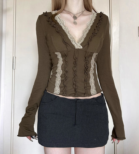 2000s Fairy Grunge Crop Top Women V Neck Lace Patchwork Ruffle Trim Long Sleeve T Shirt Emo Gothic Clothes Streetwear