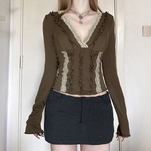 Load image into Gallery viewer, 2000s Fairy Grunge Crop Top Women V Neck Lace Patchwork Ruffle Trim Long Sleeve T Shirt Emo Gothic Clothes Streetwear
