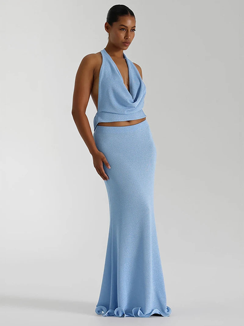 Halter Deep V Neck Backless Sexy Maxi Dress For Women Fashion Sleeveless High Waist Slim-fit Beach Club Party Dress