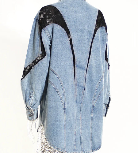 Loose Fit Blue Denim Lace Big Size Casual Jacket New Lapel Long Sleeve Women Coat Fashion Tide Spring Autumn 2025 1DH1698